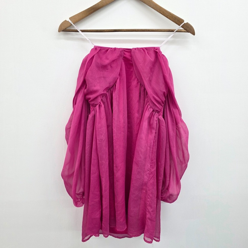 Lulus Womens S Fuchsia Off Shoulder Chiffon Babydoll Dress Sheer Sleeve Romantic - Picture 2 of 15